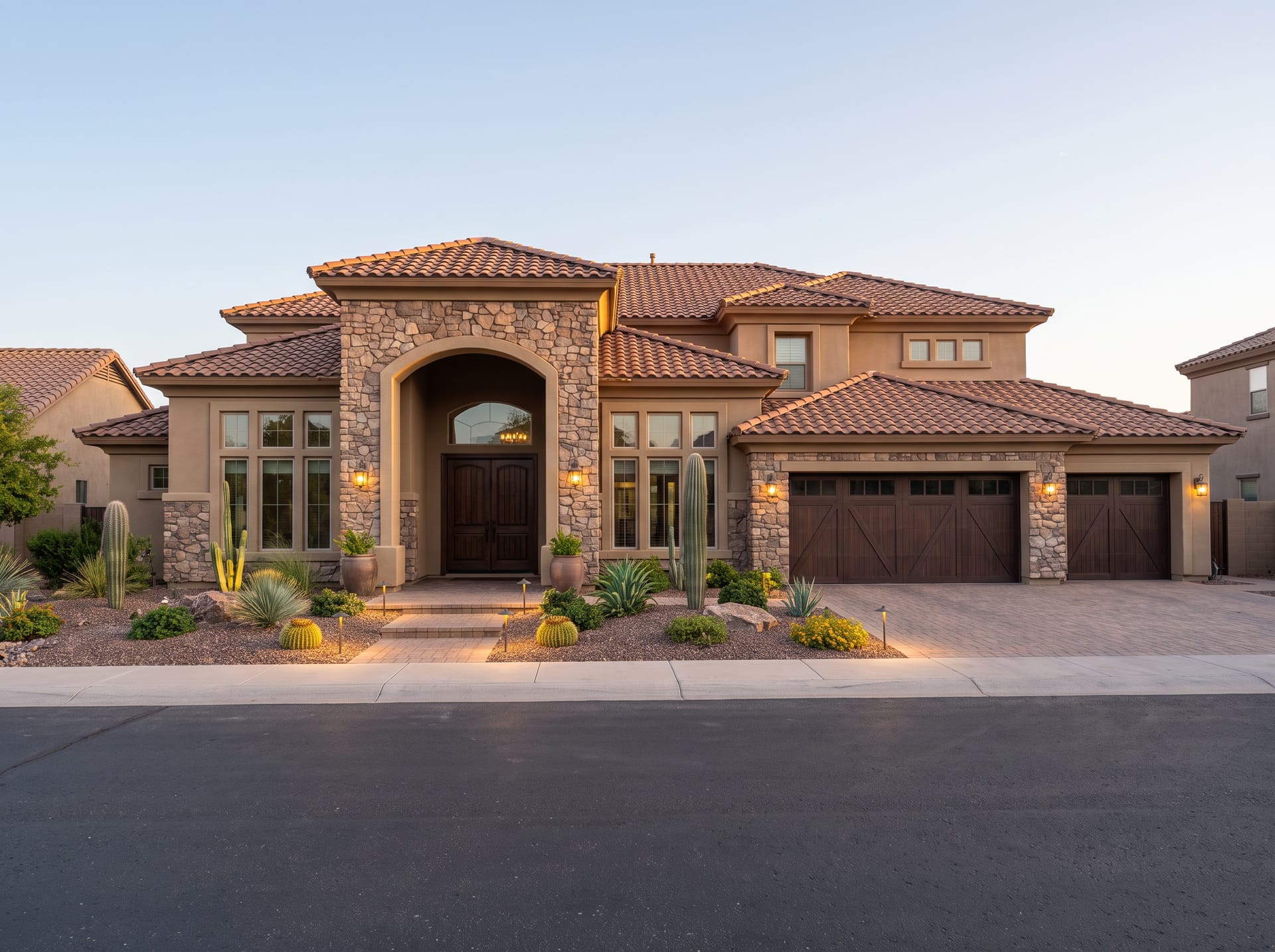 A two-story custom home with a clay tile roof in Chandler, Arizona