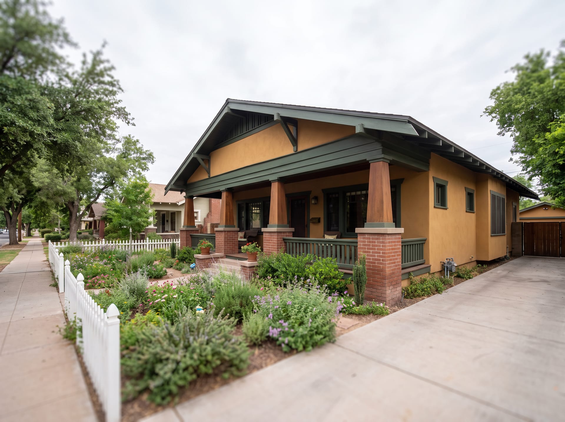 A restored 1920s craftsman bungalow in a historic Glendale, Arizona neighborhood