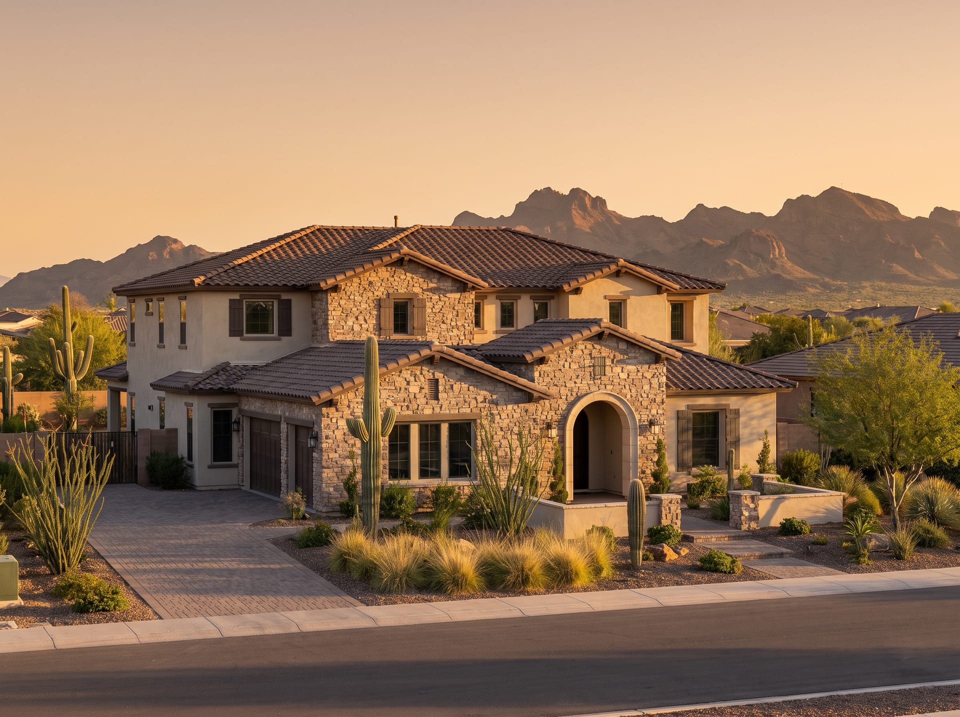 A two-story home with the Estrella Mountains behind it in Goodyear, Arizona