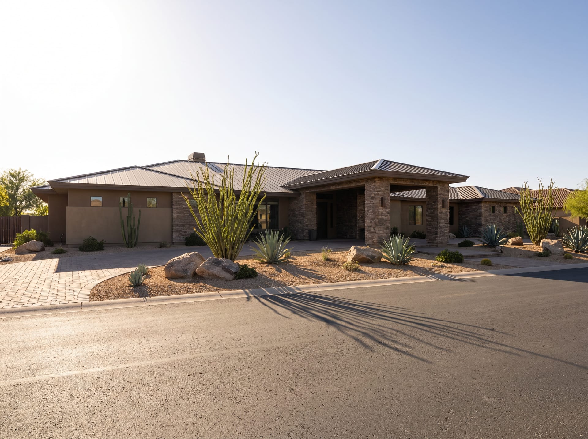 A single-story custom home with a low-water desert yard in Surprise, Arizona
