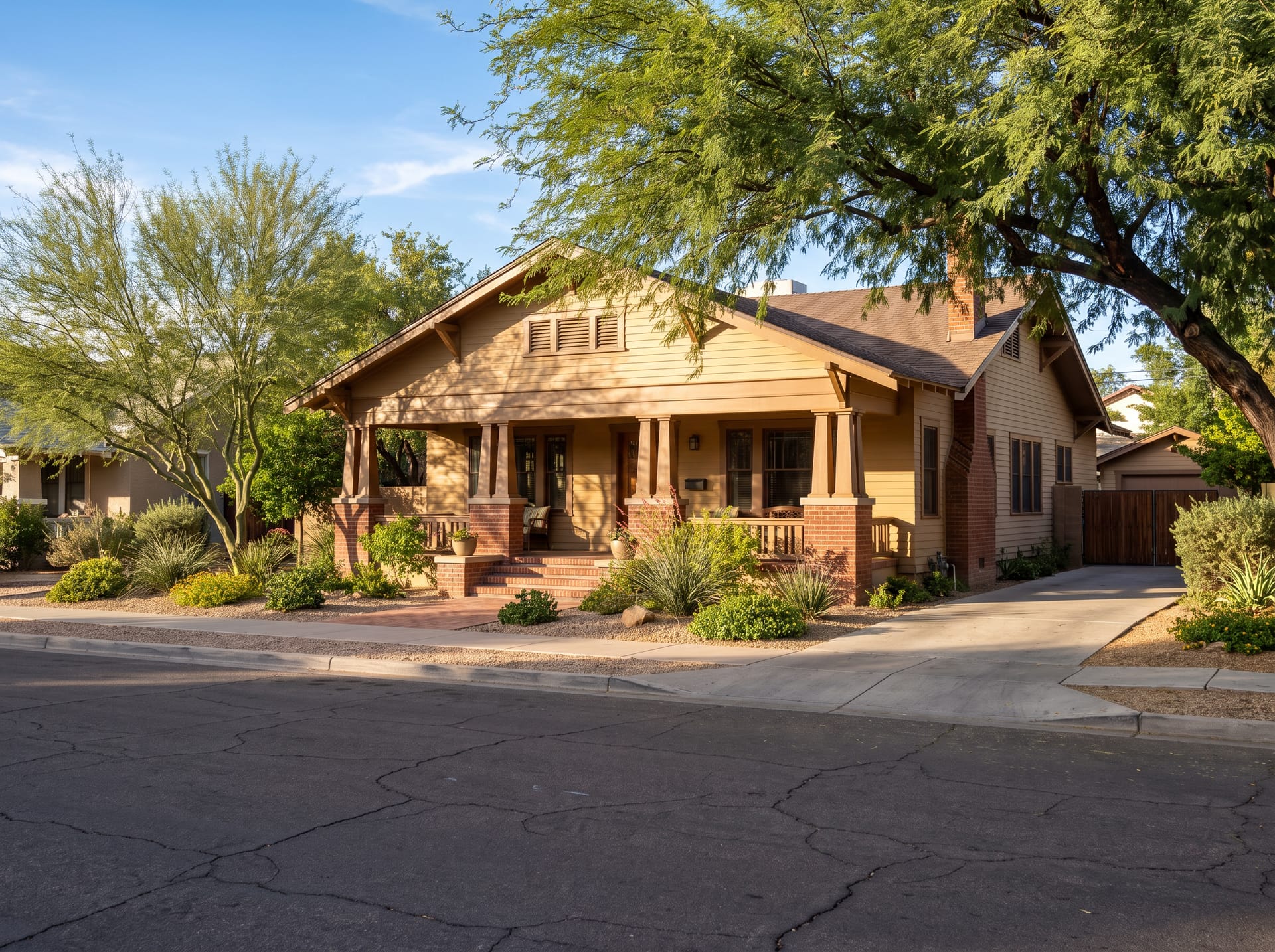 A restored craftsman bungalow under mature shade trees in Tempe, Arizona