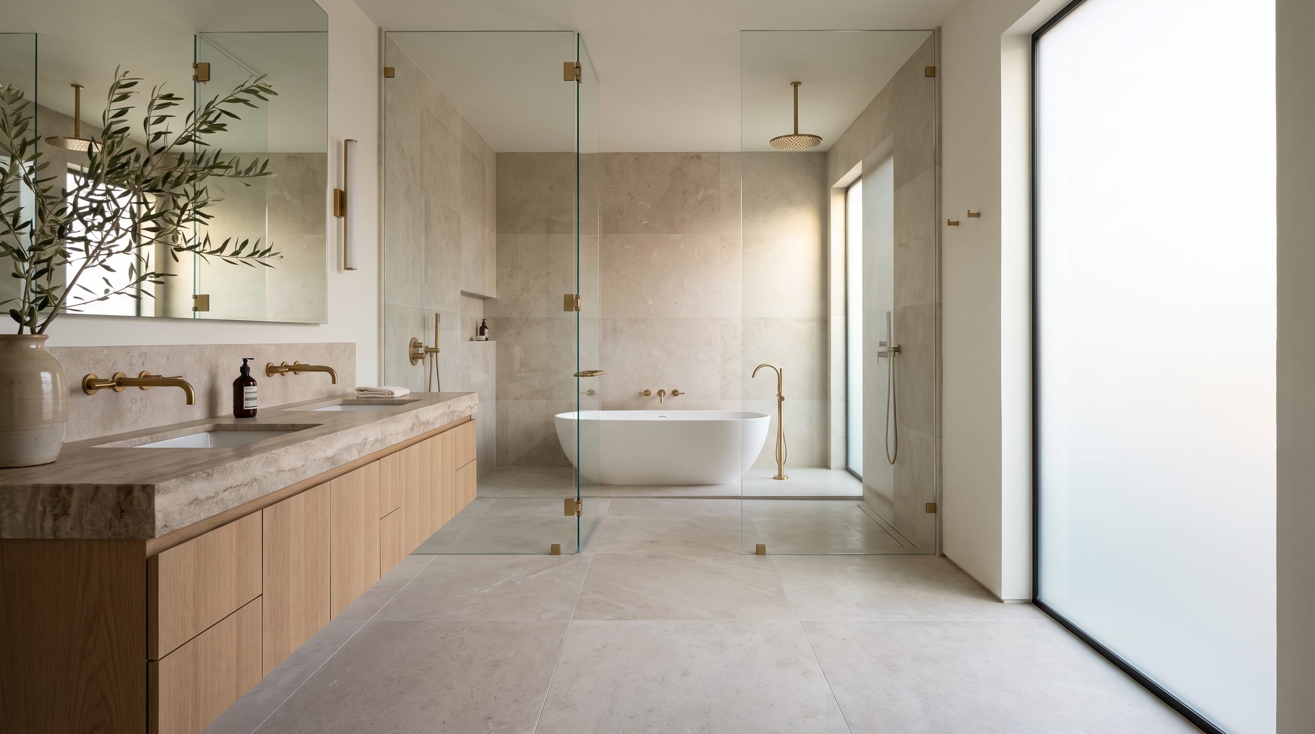 The Primary Wet Room — Tub and shower in one glass-walled zone